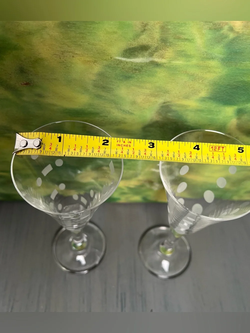 Set of Two Etched Polka Dot liquor Flutes - Clear Glass. MCM
